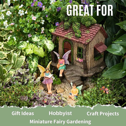 PRETMANNS Fairy House Kit - Fairy Garden Accessories for Outdoor Miniature Village Decor, with Three Fairies - House, 9" High & Treehouse Door can Open Wide - 4 Piece Supplies