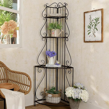 Black Corner 4-Tier Plant Rack, Space-Saving French Balcony Organizer with Filigree Metalwork, Indoor Shelf for Multiple Pots Garden Decor