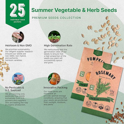 Organo Republic 25 Summer Vegetable & Herb Garden Seeds Variety Pack - 6,820+ Non-GMO Heirloom Veggie & Herb Seeds for Outdoors & Indoor Home Gardening: Tomato, Okra, Bean, Cucumber, Basil, Rosemary