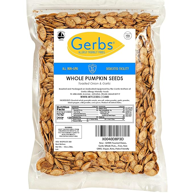 Gerbs Toasted Onion & Garlic Whole Pumpkin Seeds 2 lbs. | Small Batch Roasted, In-Shell, Resealable Bag | Bold & Savory Crunch | Top 14 Allergen-Free