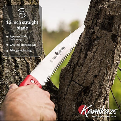 EZ Kut Kamikaze Straight Blade Pruning Saw – 18" Heavy Duty SK5 Carbon Steel – Japanese Pull-Cut Technology – Ergonomic Anti-Fatigue Grip – Tree Trimming Hand Saw with Scabbard