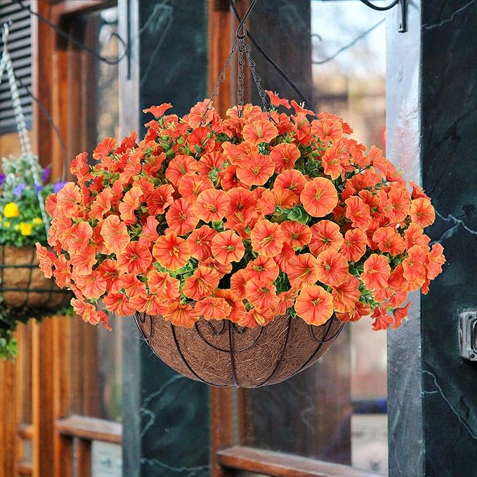 Artificial Faux Hanging Flowers Plants Basket for Outdoors, 12 Bundles UV Resistant Faux Outside Silk Morning Glory for Planter Realistic Artificial Flowers for Outdoor Porch Garden Patio, Orange