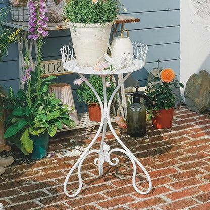 White Round Tabletop Plant Stand, French Vintage Metal Flower Pot Riser with Ornate Edge Detailing, Centerpiece Garden Decor