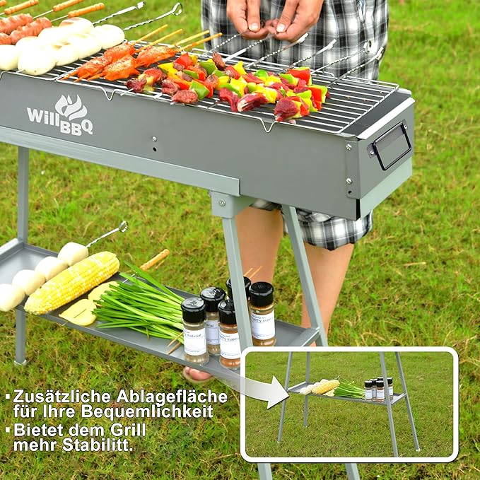 Charcoal Grills Commercial Quality Portable Multiple Size Hibachi BBQ Lamb Skewer Folded Camping Barbecue Grill for Garden Backyard Party Picnic Travel Outdoor Cooking Use(39.4x10.3x5.1 inch)