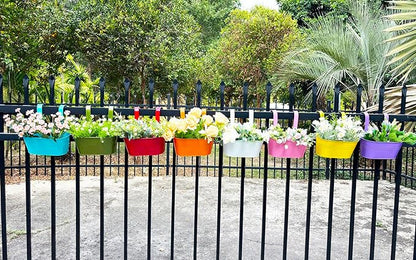 8 Pack Hanging Planters 10", Colorful Metal Bacony Railing Planter for Outdoor Decor, Countryside Fence Pot Flower Bucket for Rails Patio Garden, Plant Pot for Herb (Multi-Color, 8Pcs)