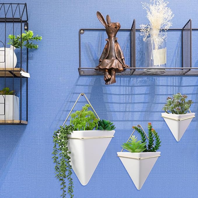 3 Sets Ceramic Wall Hanging Planters Indoor 3 Size Geometric Hanging Planters for Indoor Plants Self Watering Pots with Metal Holder for Air, Cactus, Faux Plants and Home Office Decor