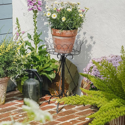 Black Round Low Plant Stand Single Pot Holder, Antique French Pedestal with Cutout Patterns, Compact Garden Decor for Cactus Ferns Plant Holder