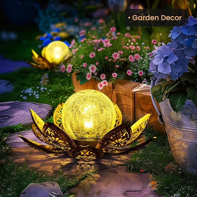 GIGALUMI Solar Lights Outdoor Garden Decor, Adjustable Metal Petal Lotus Flower Lights Crackle Globe Glass Lantern Outdoor Table Decor Waterproof for Patio, Lawn, Pathway, Pond, Christmas Gift