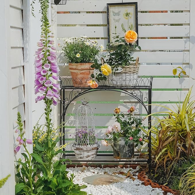 Black Long Double-Layer Plant Shelf, French Courtyard Style Metal Stand for Tall Potted Plants, Sturdy Indoor Outdoor Planter Holder Garden Decor