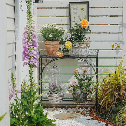 Black Long Double-Layer Plant Shelf, French Courtyard Style Metal Stand for Tall Potted Plants, Sturdy Indoor Outdoor Planter Holder Garden Decor