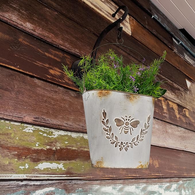 CVHOMEDECO. Farmhouse Wall Mount Metal Flower Pots Rustic Galvanized Bee Flower Holder Wall Hanging Pocket Planter for Indoor, Outdoor and Wall Decor, Set of 2 (Grey)