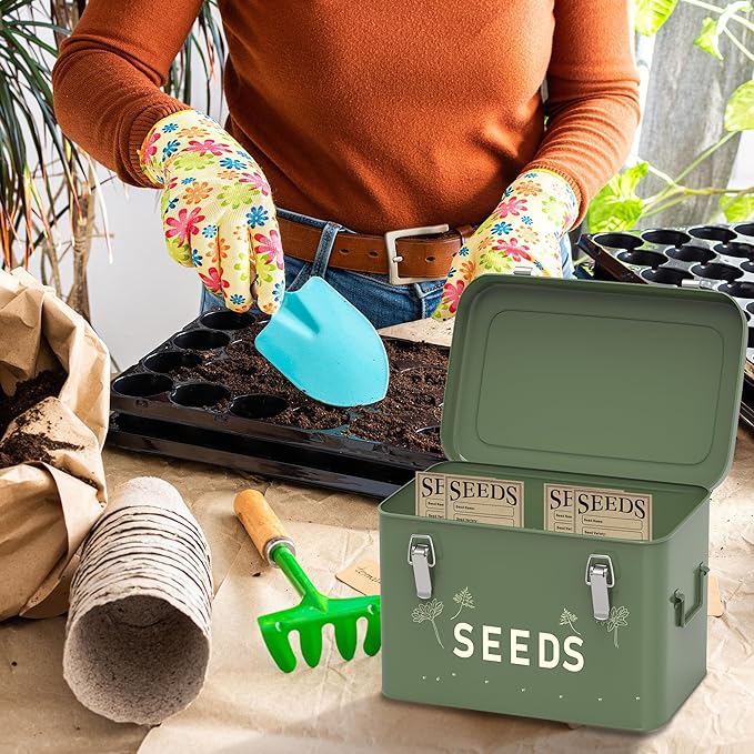Orionstar Seed Storage Organizer, Metal Seed Saving Box with Lid, Seed Bin with 30 Plant Labels 30 Seed Envelopes 1 Marker Pens, 3 Compartments Box with Safety Locks, Tall Green