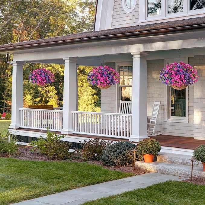 Artificial Fake Hanging Flowers Plants Baskets for Outdoors Spring Summer Decoration, UV Resistant Faux Silk Morning Glory in Planter Realistic for Outside Porch Patio Balcony Garden Yard Home Decor