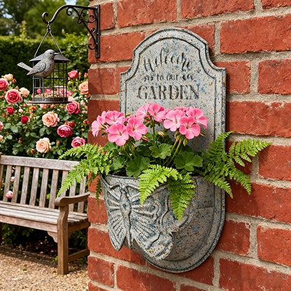 Rustic Metal Wall Planter for Outdoor Vintage Distressed Butterfly Wall Mounted Flower Holder Pot Shabby Blue Iron Plant Basket for Garden Farmhouse Home Balcony Patio Decorative