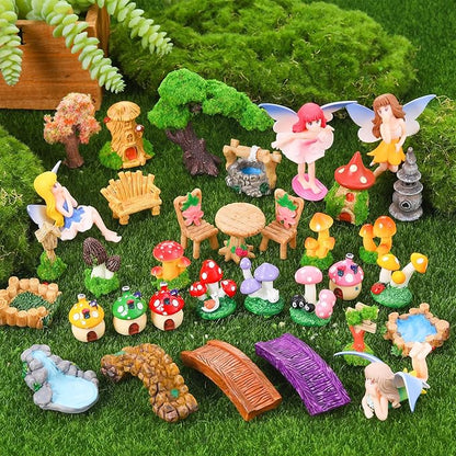 32 Pcs Fairy Garden Accessories Mini Fairy Figures Miniature Table and Chairs Bridge Mushroom Lighthouse Water Well Pond Landscape Ornaments Kit for DIY Garden Potted Desk Decor