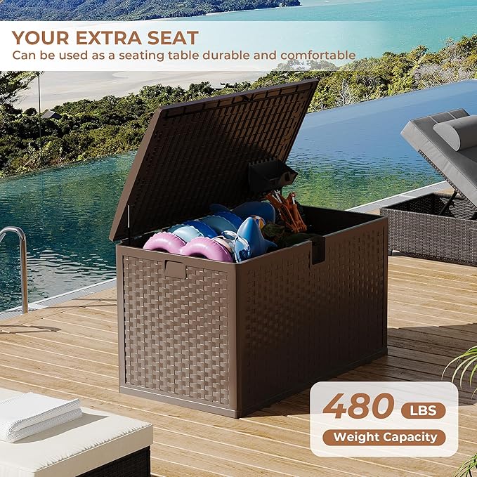 120 gal Brown Resin Deck Box, Outdoor Storage Box Waterproof Lockable, Patio Deck Box For Package Delivery, Outside Storage Box Container for Furniture Cushions, Garden Tools, Pool Accessories
