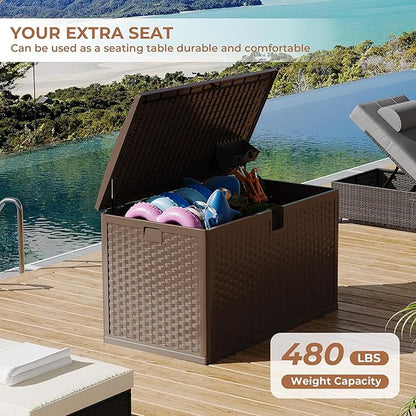 120 gal Brown Resin Deck Box, Outdoor Storage Box Waterproof Lockable, Patio Deck Box For Package Delivery, Outside Storage Box Container for Furniture Cushions, Garden Tools, Pool Accessories