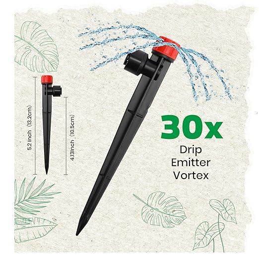 MIXC 30pcs Quick-Connect Drip Irrigation Emitters for 1/4" Drip Irrigation Tubing - Adjustable Push-to-Connect 360° Drip Emitters Stream on 6" Sturdy Stake for Irrigation System