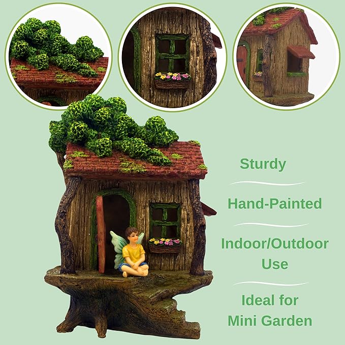 PRETMANNS Fairy House Kit - Fairy Garden Accessories for Outdoor Miniature Village Decor, with Three Fairies - House, 9" High & Treehouse Door can Open Wide - 4 Piece Supplies