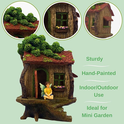 PRETMANNS Fairy House Kit - Fairy Garden Accessories for Outdoor Miniature Village Decor, with Three Fairies - House, 9" High & Treehouse Door can Open Wide - 4 Piece Supplies