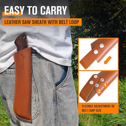 7" Professional Folding Hand Saw - SK5 High Carbon Steel Blade, Ergonomic Wenge Wood Handle, Leather Sheath | Survival Saw for Camping, Bushcraft, Pruning & Tree Trimming with Secure Lock