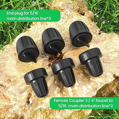 Bonviee Drip Irrigation Parts for 5/16" Main Line - (6-Pack) - 3 x PVC Female Hose Thread Non-Swivel Adapter and 3 x Barbed Threaded End Plugs - Drip Irrigation Fittings
