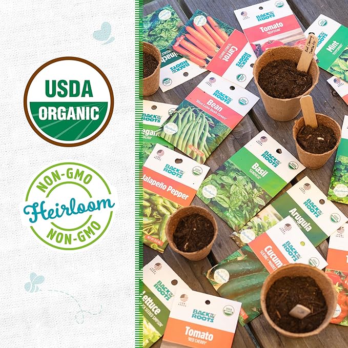 Back to The Roots Heirloom Organic, Non-GMO & USA Grown Seeds, 30ct Herb, Fruit, and Veggies, Assortment May Vary, Guaranteed to Grow