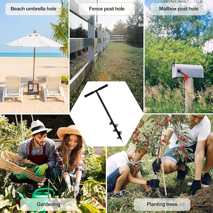 2 in 1 Hand Auger Spiral Drill for Planting, 4 X 44.5inch Post Hole Digger Manual Auger for Fence Posts, Sand, Bulb, Seedlings, Tree, Mail Box, Manual Garden Spiral Hole Digging Drill with Non-Slip.
