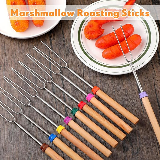 Minatee 100 Pcs 28 Inch Marshmallow Roasting Sticks Bulk, Smores Skewers for Fire Pit, Hot Dog Camping Skewers Accessories Campfire Marshmellow Extendable Forks BBQ Tools Smores Sticks
