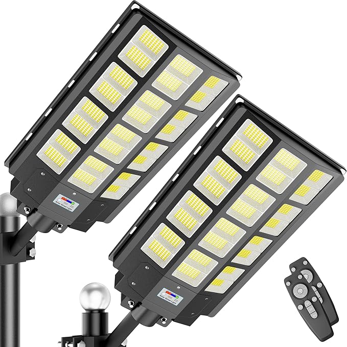 2-Pack Solar Street Lights Outdoor Waterproof, 9800W Solar Light Outdoor Dusk to Dawn, 240000LM 7000K Flood Light Motion Sensor for Garden/Yard/Parking Lot Lighting