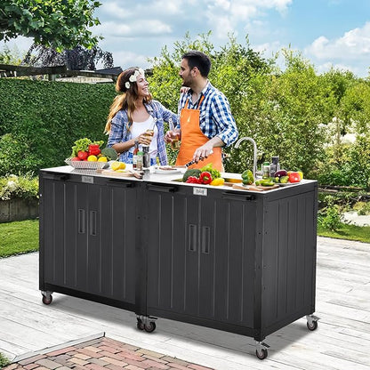 Freestanding Grill Cart with Sink and Cabinet, Movable Outdoor Cart Table with 304 Stainless Steel Sink, Outdoor Grill Cart, Outdoor Grill Station with Wheels, L35.4 x W24