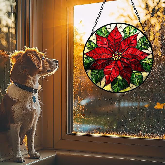 Stained Glass Window Hanging - Poinsettia Suncatcher for Door Garden Home Decor Birth Flower Sun Catcher Birthday Mother's Day for Lovers Friend Women Mom Nana 11.8 in