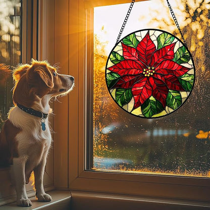 Stained Glass Window Hanging - Poinsettia Suncatcher for Door Garden Home Decor Birth Flower Sun Catcher Birthday Mother's Day for Lovers Friend Women Mom Nana 11.8 in
