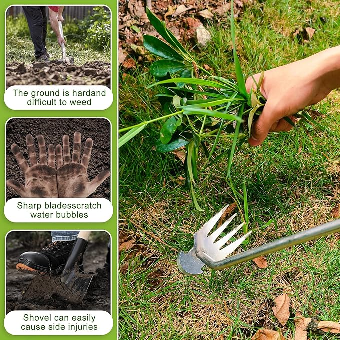 Hand Weeder Tool, Rubber Handle Manual Weeder Puller Tool, Uprooting Weeding Tools, Crack Weeder Crevice, 4 Teeth Weeding Tool, Planting and Weeding for Garden, Patio, Backyard Farm