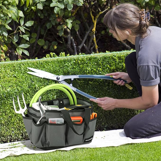 Housolution Gardening Tote Bag, Deluxe Garden Tool Storage Bag and Home Organizer with Pockets, Wear-Resistant & Reusable, 14 Inch, Gray + Black