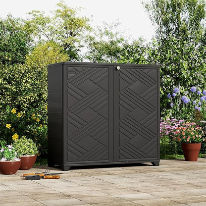 ZZM Indoor/Outdoor Storage Cabinet Waterproof, 34"x15"x34" Plastic Outdoor Storage Box for Garden Balcony Bathroom, All Weather Outdoor Storage Clearance, DIY Usage, with 2 Shelf (Black)