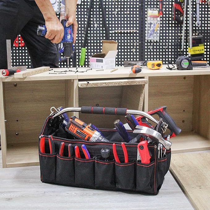 HAUTMEC 18 Inch Tool Bag, Foldable Open Top Tool Tote with 27 Pockets and Removable Partition, Heavy-Duty Electrician Tool Bag with Adjustable Shoulder Strap & Water-Resistant Molded Base – HT0020