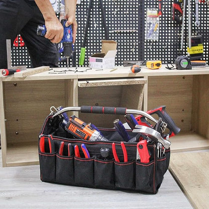 HAUTMEC 18 Inch Tool Bag, Foldable Open Top Tool Tote with 27 Pockets and Removable Partition, Heavy-Duty Electrician Tool Bag with Adjustable Shoulder Strap & Water-Resistant Molded Base – HT0020