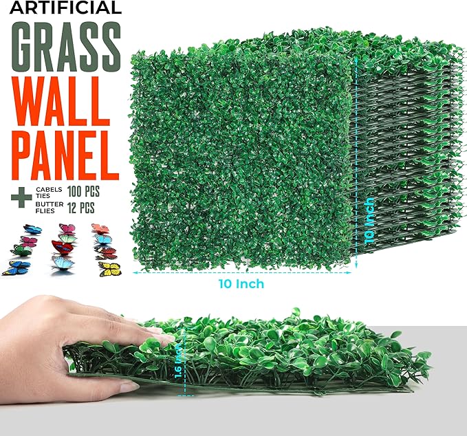 12Pcs Artificial Grass Wall Panels - 10”x10” Grass Backdrop Wall, UV Protected Greenery Decor for Indoor Outdoor Use (10”x10” (12pcs))