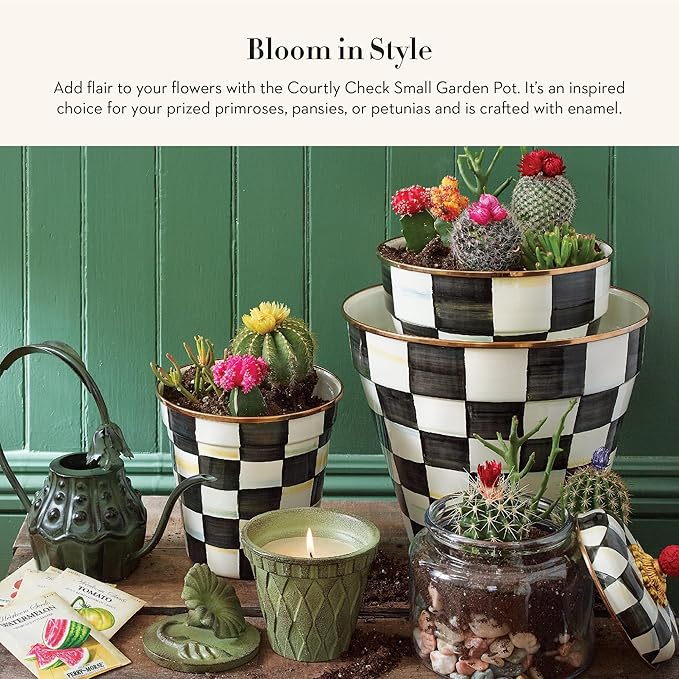 MACKENZIE-CHILDS Enamel Garden Pot, Planting Pot for Plants and Flowers, Small, Black-and-White Courtly Check