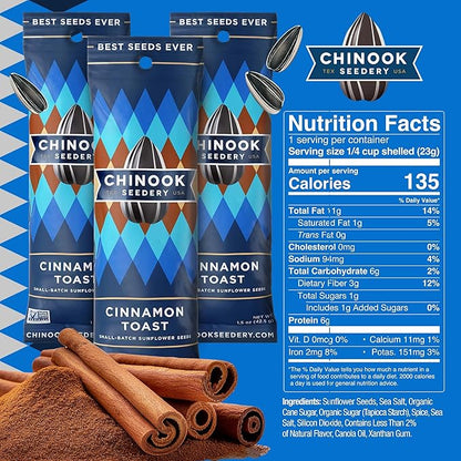 Chinook Seedery Low Sodium Sunflower Seeds – Cinnamon Toast Flavor, Pack of 36, 1.5oz – Sunflower Seeds to Eat – Keto, Jumbo, Roasted, Baseball Snacks