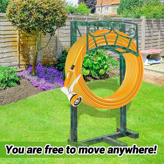 Garden Hose Holder, Heavy Duty Metal Water Hose Holders Hose Stand with 5 Spikes, Freestanding Hose Storage Rack Hose Hanger Holds 150ft Hose for Outside Yard Lawn Garden Decor (Retro Green)