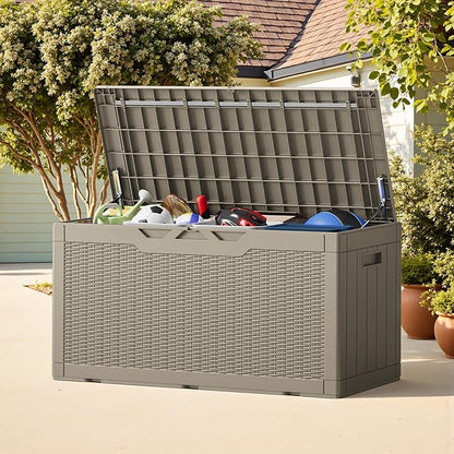 Greesum Outdoor Storage Box 100 Gallon Storage Bin with Lid for Patio Furniture, Garden Tools, Pool Supplies, Lockable, Waterproof and UV Resistant, Light Coffee