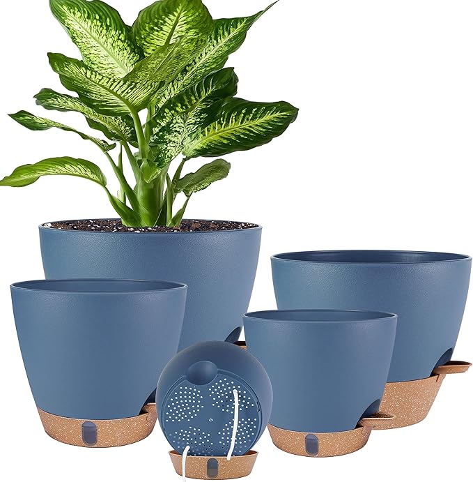Self Watering Pots for Inoor Ourdoor Plants 10/9/8/7/6.5 Inch Plastic Planters with Drainage Holes & Water Level Indicator, Decorative House Flower Nursery Planting Pots with Saucers (Navy Blue)
