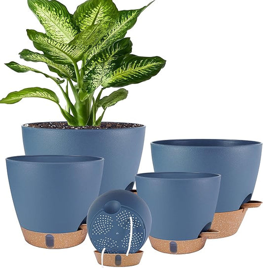 Self Watering Pots for Inoor Ourdoor Plants 10/9/8/7/6.5 Inch Plastic Planters with Drainage Holes & Water Level Indicator, Decorative House Flower Nursery Planting Pots with Saucers (Navy Blue)