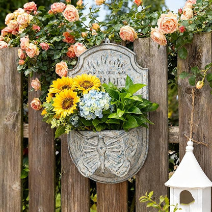 Rustic Metal Wall Planter with Butterfly Design, Welcome to Our Garden Hanging Flower Pot for Outdoor Indoor Decor, Vintage Galvanized Plant Holder for Patio, Porch, Garden