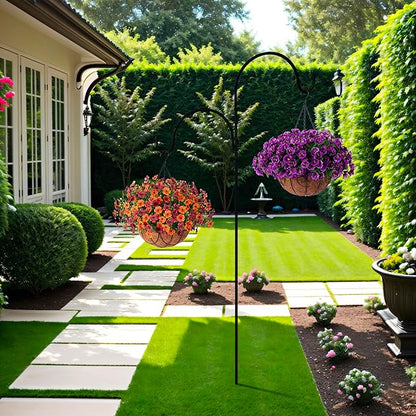 Artificial Silk Flowers Hanging Basket for Outdoor Indoor, Daisy with Eucalyptus Leaves Arrangement for Garden Yard Spring Decor, Faux Green Plant in Metal Coconut Lining Pot(Purple Pink)