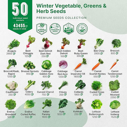 50 Winter Vegetable Garden Seeds Variety Pack - 43,450+ Non-GMO Heirloom Seeds for Outdoors & Indoor Home Gardening, Including Kohlrabi, Lettuce, Radish, Onion, Choy, Spinach, Cauliflower, Collards