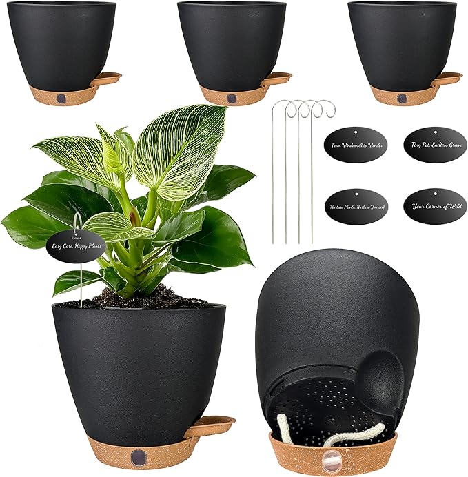 6 Inch Self Watering Pots for Indoor Plants (5-Pack) – Small Plastic Planters with Water Window, Drainage Holes & Trays, Indoor Outdoor Flower Pots for Herbs, Succulents, Home Garden Decor (Black)