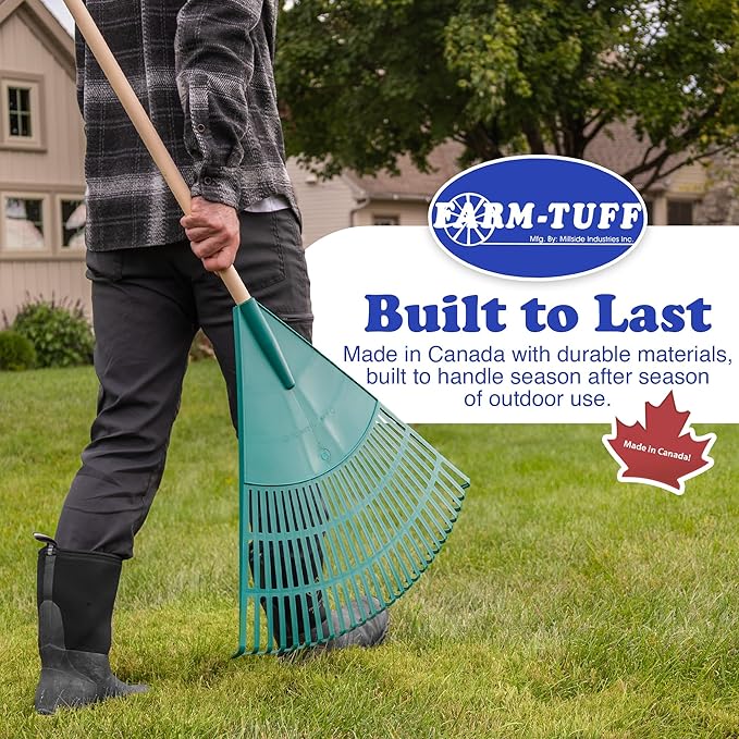 FARM-TUFF 24” Leaf & Lawn Rake with 48” Hardwood Handle - Extra-Wide, Durable Rake for Lawns, Gardens, and Yard Cleanup